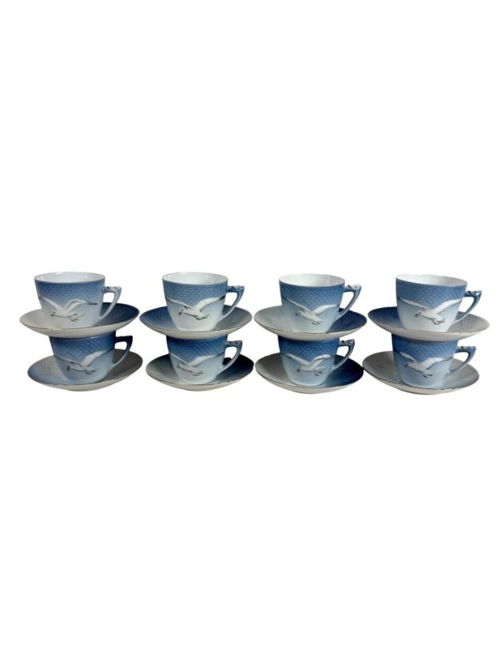 Bing & Grondahl Copenhagen Seagull Gold Rim Cup and Saucer Set of 8